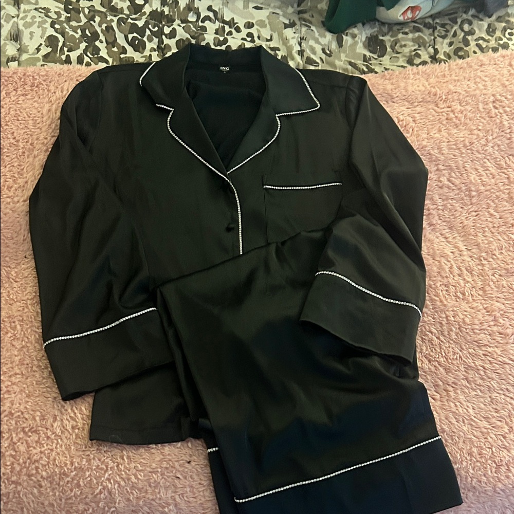 Black Satin Pajama Set with Rhinestone Piping